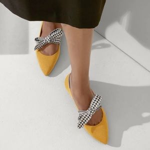 Barely used -  Rothy’s Gingham Mary Jane shoe in golden - tie bow front